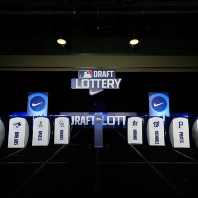 A general view of the stage prior to the Draft Lottery at the 2024 MLB Winter Meetings at Hilton Anatole.