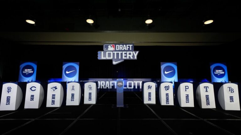 A general view of the stage prior to the Draft Lottery at the 2024 MLB Winter Meetings at Hilton Anatole.