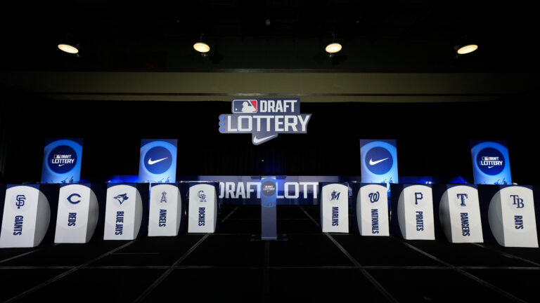 A general view of the stage prior to the Draft Lottery at the 2024 MLB Winter Meetings at Hilton Anatole.
