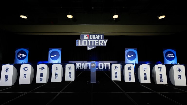 A general view of the stage prior to the Draft Lottery at the 2024 MLB Winter Meetings at Hilton Anatole.