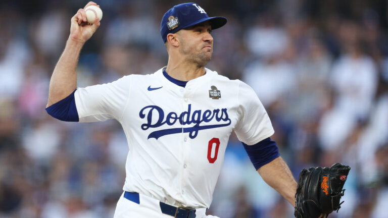 Jack Flaherty of the Los Angeles Dodgers pitches in the first inning against the New York Yankees during Game One of the 2024 World Series at Dodger Stadium.