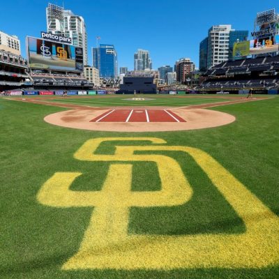 SAN DIEGO, CALIFORNIA - APRIL 3: General view of a San Diego Padres logo on the field at PETCO Park prior to a game against the St. Louis Cardinals at PETCO Park on April 3, 2024 in San Diego, California. (Photo by Brandon Sloter/Getty Images)