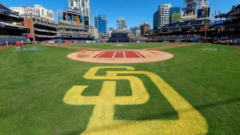 SAN DIEGO, CALIFORNIA - APRIL 3: General view of a San Diego Padres logo on the field at PETCO Park prior to a game against the St. Louis Cardinals at PETCO Park on April 3, 2024 in San Diego, California. (Photo by Brandon Sloter/Getty Images)