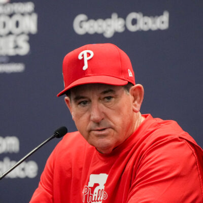 Manager Rob Thomson of the Philadelphia Phillies is pictured in a press conference before the 2024 London Series game between the Philadelphia Phillies and the New York Mets at London Stadium.