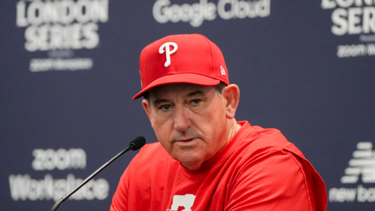 Manager Rob Thomson of the Philadelphia Phillies is pictured in a press conference before the 2024 London Series game between the Philadelphia Phillies and the New York Mets at London Stadium.