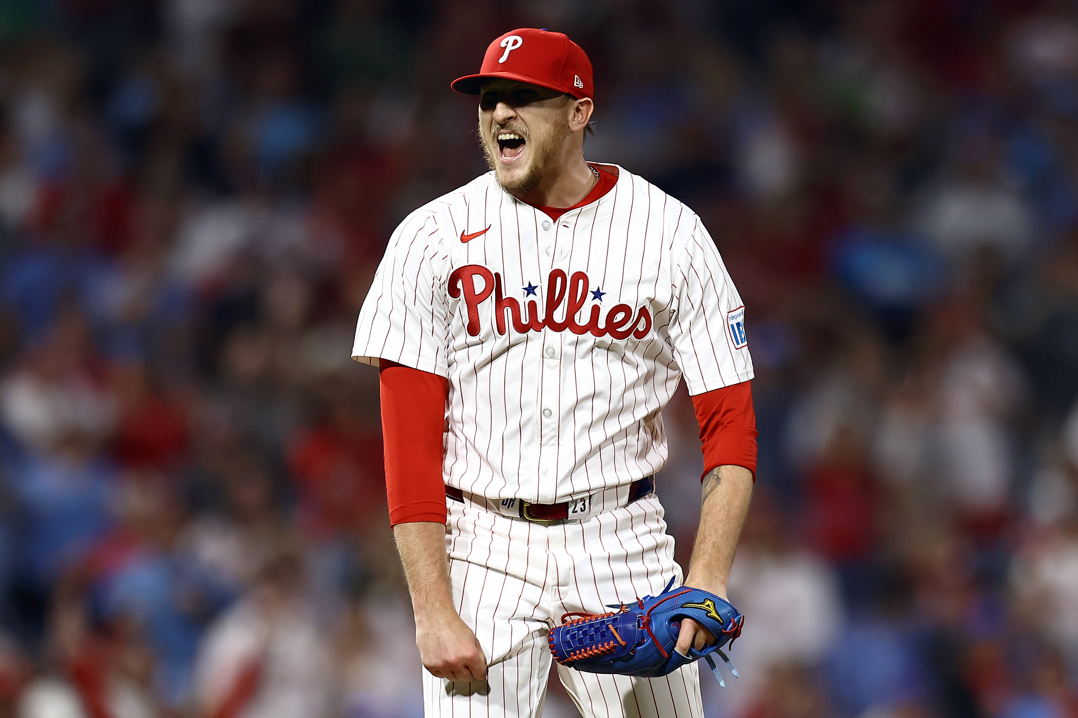 Jeff Hoffman #23 of the Philadelphia Phillies reacts during the eighth inning against the Tampa Bay Rays at Citizens Bank Park.