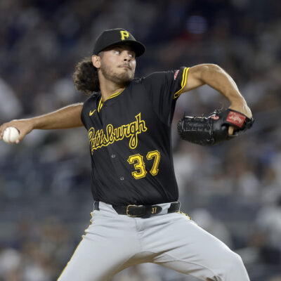 NEW YORK, NEW YORK - SEPTEMBER 27: Jared Jones #37 of the Pittsburgh Pirates in action against the New York Yankees at Yankee Stadium on September 27, 2024 in New York City. The Pirates defeated the Yankees 4-2. (Photo by Jim McIsaac/Getty Images)