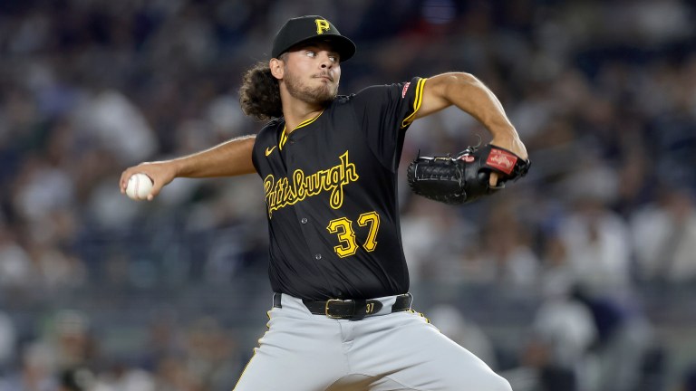 NEW YORK, NEW YORK - SEPTEMBER 27: Jared Jones #37 of the Pittsburgh Pirates in action against the New York Yankees at Yankee Stadium on September 27, 2024 in New York City. The Pirates defeated the Yankees 4-2. (Photo by Jim McIsaac/Getty Images)