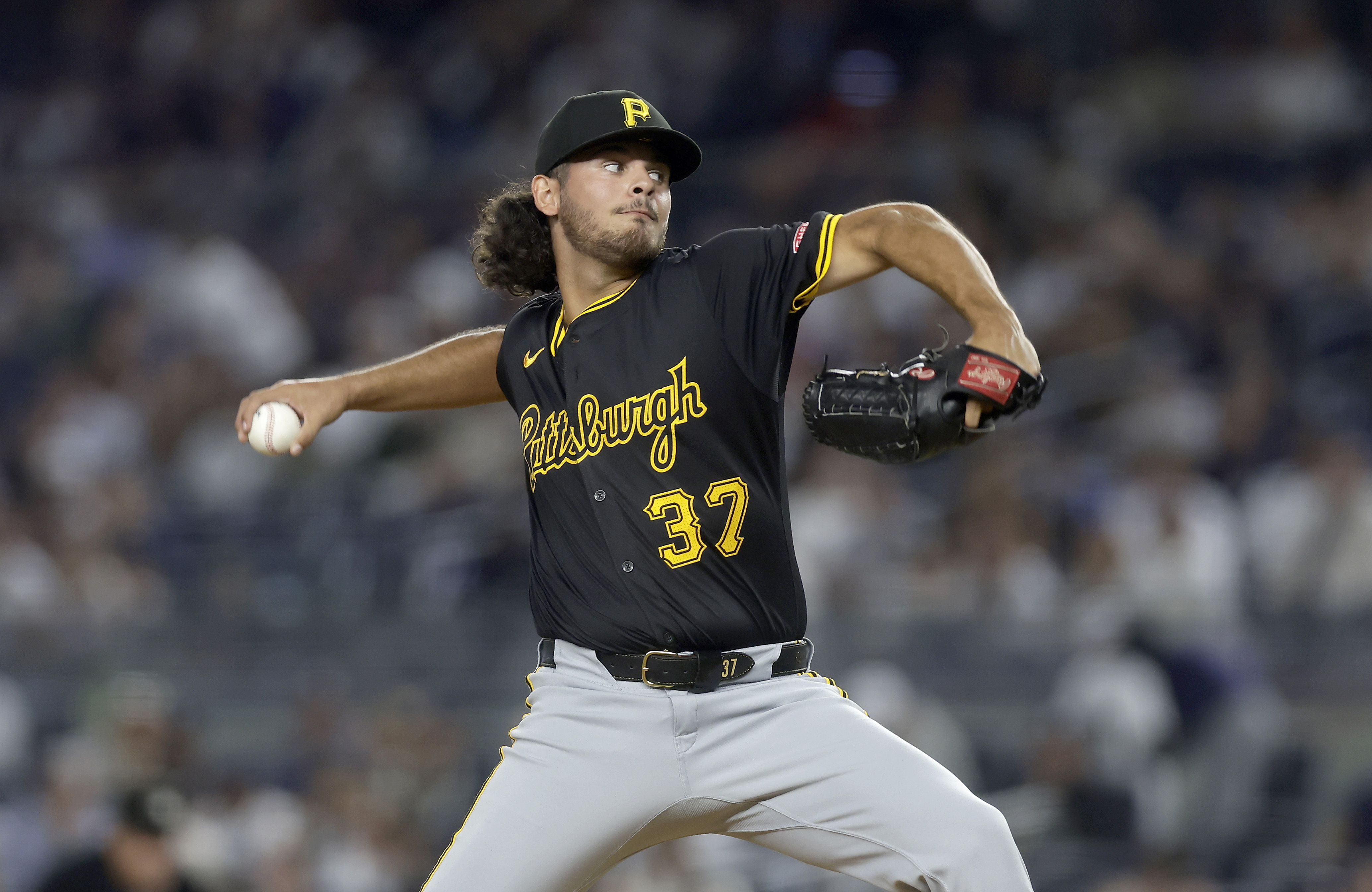 NEW YORK, NEW YORK - SEPTEMBER 27: Jared Jones #37 of the Pittsburgh Pirates in action against the New York Yankees at Yankee Stadium on September 27, 2024 in New York City. The Pirates defeated the Yankees 4-2. (Photo by Jim McIsaac/Getty Images)