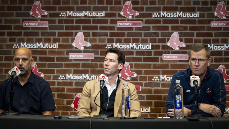 Manager Alex Cora, Chief Baseball Officer Craig Breslow, and President & CEO Sam Kennedy of the Boston Red Sox address the media during an end of season press conference.