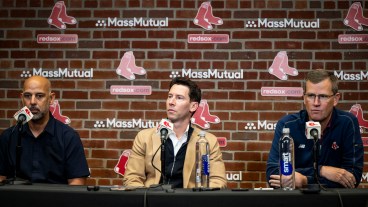 Manager Alex Cora, Chief Baseball Officer Craig Breslow, and President & CEO Sam Kennedy of the Boston Red Sox address the media during an end of season press conference.