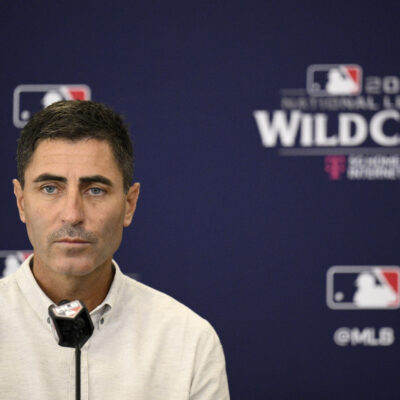 President of baseball operations and general manager AJ Preller of the San Diego Padres speaks to the media during a press conference prior to Game One of the Wild Card Series against the Atlanta Braves at Petco Park.