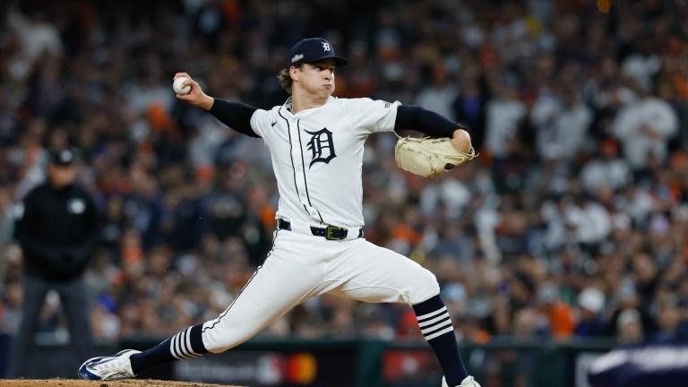 Jackson Jobe of the Detroit Tigers throws a pitch during the eighth inning against the Cleveland Guardians during Game Four of the Division Series at Comerica Park.