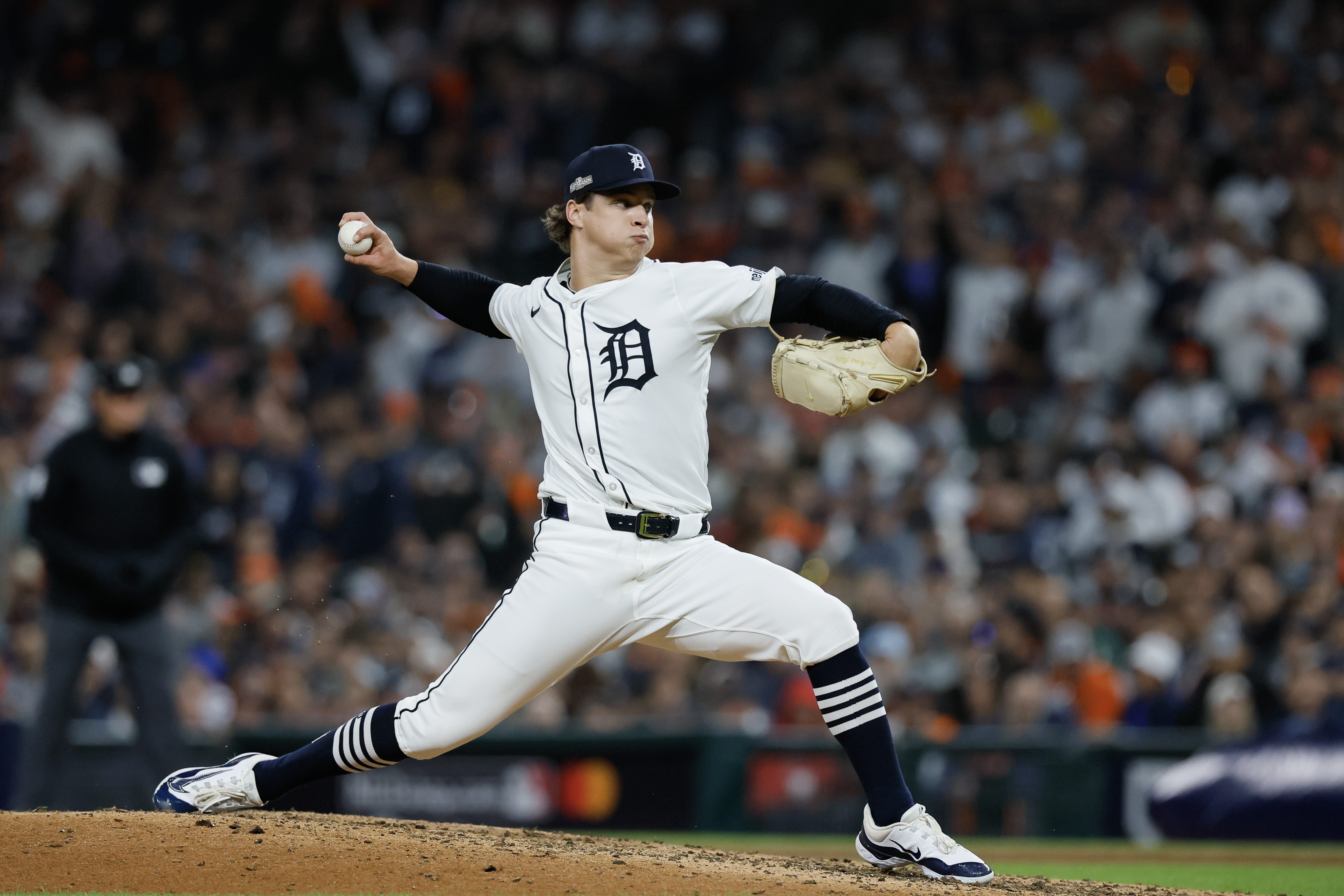 Jackson Jobe of the Detroit Tigers throws a pitch during the eighth inning against the Cleveland Guardians during Game Four of the Division Series at Comerica Park.