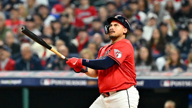 CLEVELAND, OHIO - OCTOBER 19: Josh Naylor #22 of the Cleveland Guardians flies out in the fourth inning against the New York Yankees during Game Five of the American League Championship Series at Progressive Field on October 19, 2024 in Cleveland, Ohio. (Photo by Jason Miller/Getty Images)