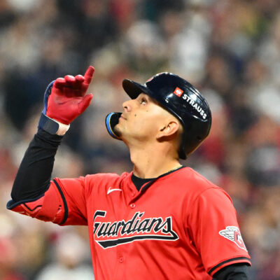 CLEVELAND, OHIO - OCTOBER 19: Andrés Giménez #0 of the Cleveland Guardians celebrates after hitting a double in the fifth inning against the New York Yankees during Game Five of the American League Championship Series at Progressive Field on October 19, 2024 in Cleveland, Ohio. (Photo by Jason Miller/Getty Images)