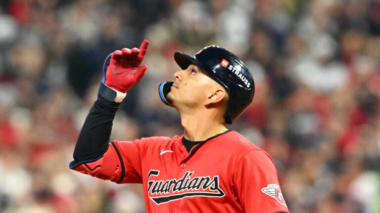 CLEVELAND, OHIO - OCTOBER 19: Andrés Giménez #0 of the Cleveland Guardians celebrates after hitting a double in the fifth inning against the New York Yankees during Game Five of the American League Championship Series at Progressive Field on October 19, 2024 in Cleveland, Ohio. (Photo by Jason Miller/Getty Images)