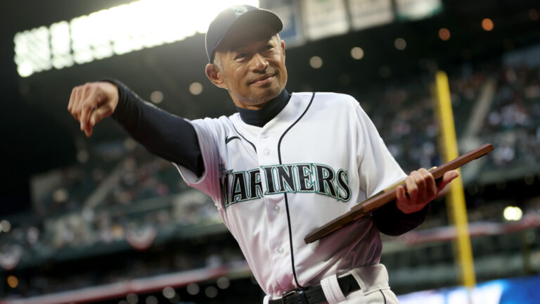Ichiro Suzuki is acknowledged before the game during Opening Day between the Seattle Mariners and the Cleveland Guardians at T-Mobile Park.