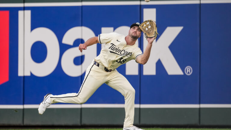 Matt Wallner of the Minnesota Twins fields against the Atlanta Braves at Target Field.