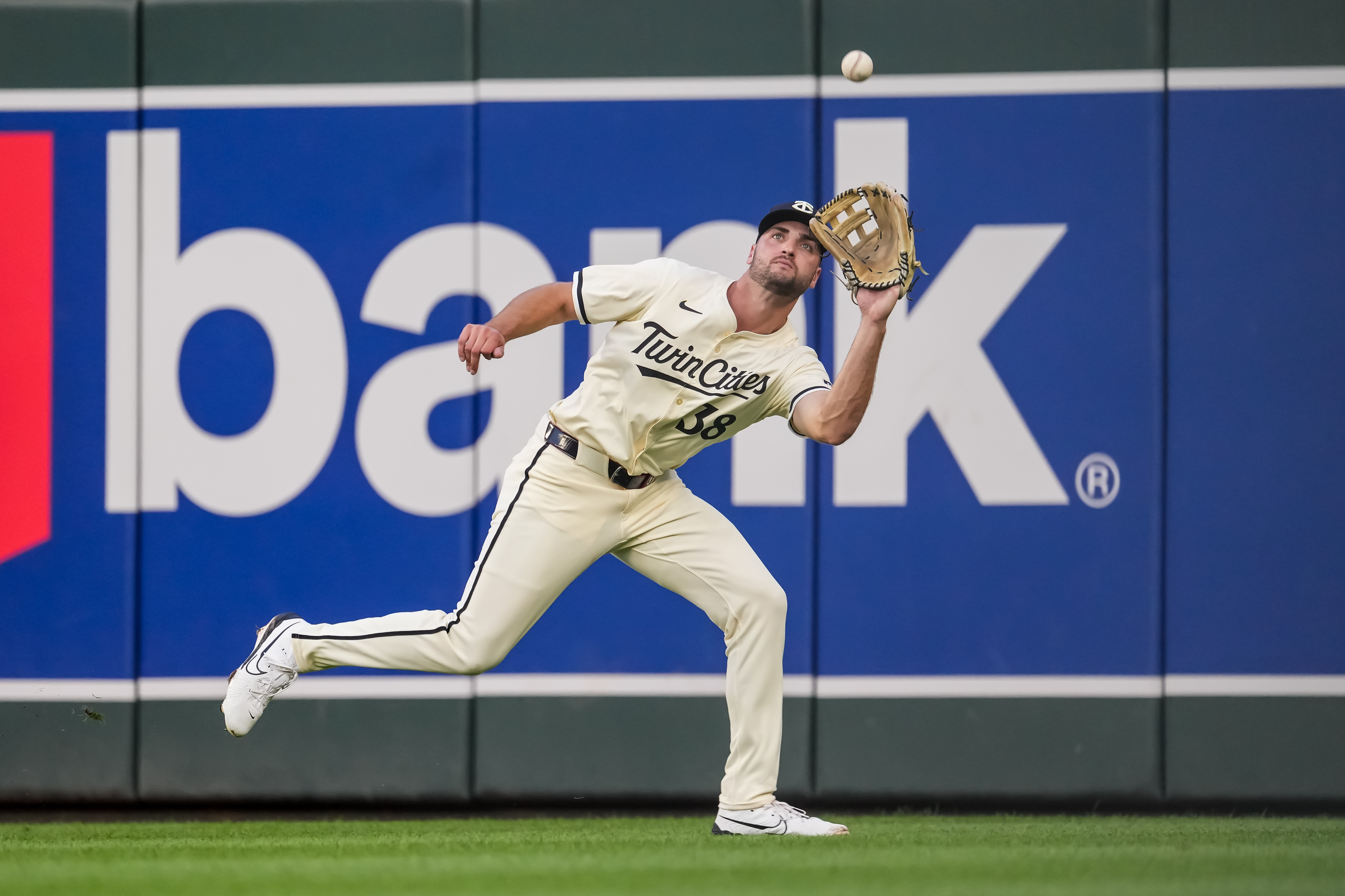Matt Wallner of the Minnesota Twins fields against the Atlanta Braves at Target Field.