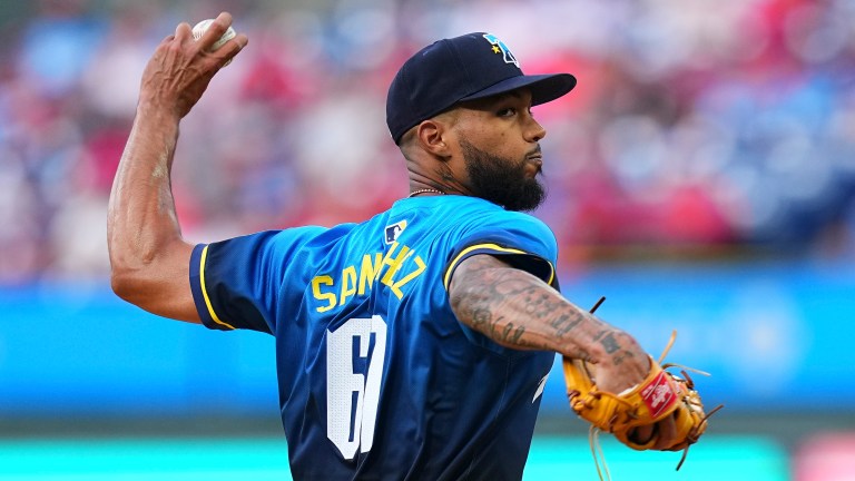 Cristopher Sánchez of the Philadelphia Phillies throws a pitch in the top of the first inning against the Cleveland Guardians at Citizens Bank Park.