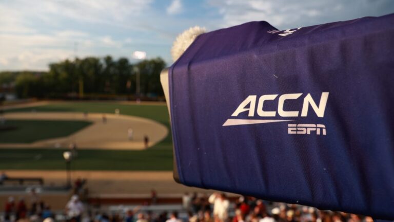 WINSTON SALEM, NORTH CAROLINA - APRIL 19: The ACC Network logo is shown on a camera as the Wake Forest Demon Deacons take on the Florida State Seminoles at David F. Couch Ballpark on April 19, 2024 in Winston Salem, North Carolina. (Photo by Isaiah Vazquez/Getty Images)