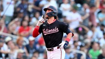 WASHINGTON, DC - AUGUST 28: Dylan Crews #3 of the Washington Nationals celebrates on the base paths his his first career home run in the first inning against the New York Yankees at Nationals Park on August 28, 2024 in Washington, DC. (Photo by Greg Fiume/Getty Images)