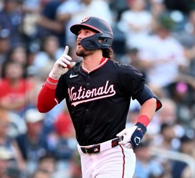 WASHINGTON, DC - AUGUST 28: Dylan Crews #3 of the Washington Nationals celebrates on the base paths his his first career home run in the first inning against the New York Yankees at Nationals Park on August 28, 2024 in Washington, DC. (Photo by Greg Fiume/Getty Images)