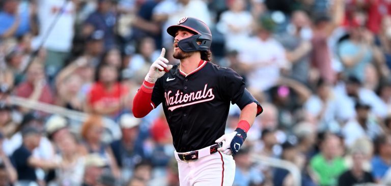 WASHINGTON, DC - AUGUST 28: Dylan Crews #3 of the Washington Nationals celebrates on the base paths his his first career home run in the first inning against the New York Yankees at Nationals Park on August 28, 2024 in Washington, DC. (Photo by Greg Fiume/Getty Images)