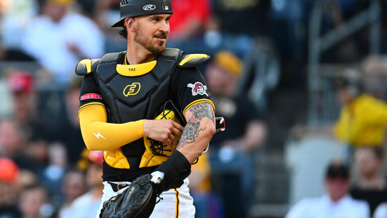 Yasmani Grandal of the Pittsburgh Pirates in action during the game against the Cincinnati Reds at PNC Park.