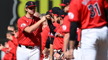 Gavin Williams of the Cleveland Guardians is introduced prior to Game One of the Division Series against the Detroit Tigers at Progressive Field.