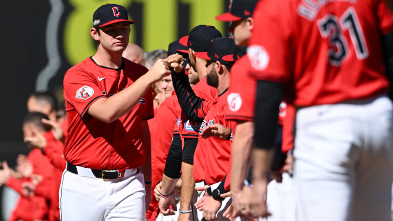Gavin Williams of the Cleveland Guardians is introduced prior to Game One of the Division Series against the Detroit Tigers at Progressive Field.