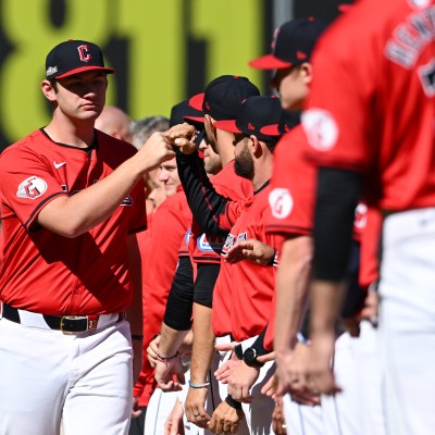 Gavin Williams of the Cleveland Guardians is introduced prior to Game One of the Division Series against the Detroit Tigers at Progressive Field.