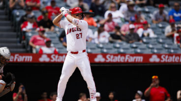 ANAHEIM, CALIFORNIA - APRIL 24: Mike Trout #27 of the Los Angeles Angels at bat during a MLB baseball game against the Baltimore Orioles at Angel Stadium of Anaheim on April 24, 2024 in Anaheim, California. (Photo by Ric Tapia/Getty Images)