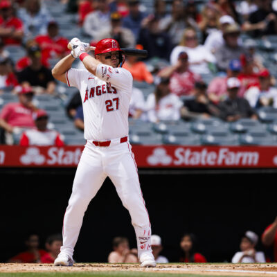 ANAHEIM, CALIFORNIA - APRIL 24: Mike Trout #27 of the Los Angeles Angels at bat during a MLB baseball game against the Baltimore Orioles at Angel Stadium of Anaheim on April 24, 2024 in Anaheim, California. (Photo by Ric Tapia/Getty Images)