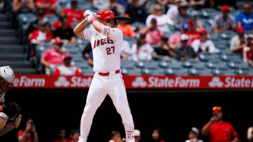 ANAHEIM, CALIFORNIA - APRIL 24: Mike Trout #27 of the Los Angeles Angels at bat during a MLB baseball game against the Baltimore Orioles at Angel Stadium of Anaheim on April 24, 2024 in Anaheim, California. (Photo by Ric Tapia/Getty Images)