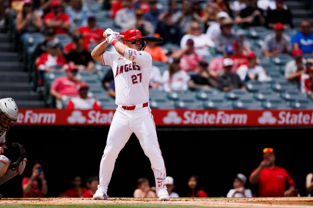 ANAHEIM, CALIFORNIA - APRIL 24: Mike Trout #27 of the Los Angeles Angels at bat during a MLB baseball game against the Baltimore Orioles at Angel Stadium of Anaheim on April 24, 2024 in Anaheim, California. (Photo by Ric Tapia/Getty Images)