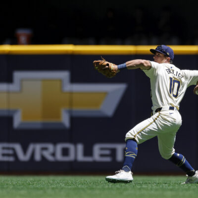 MILWAUKEE, WI - JUNE 26: Milwaukee Brewers outfielder Sal Frelick (10) throws the ball after fielding a line drive during an MLB game against the Texas Rangers on June 26, 2024 at American Family Field in Milwaukee, Wisconsin. (Photo by Joe Robbins/Icon Sportswire via Getty Images)