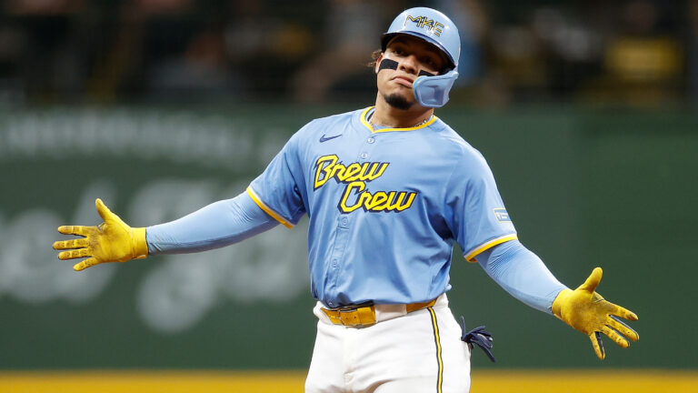 MILWAUKEE, WISCONSIN - AUGUST 09: William Contreras #24 of the Milwaukee Brewers reacts after tagging up and reaching second base on a caught fly ball in the fifth inning at American Family Field on August 09, 2024 in Milwaukee, Wisconsin. (Photo by John Fisher/Getty Images)