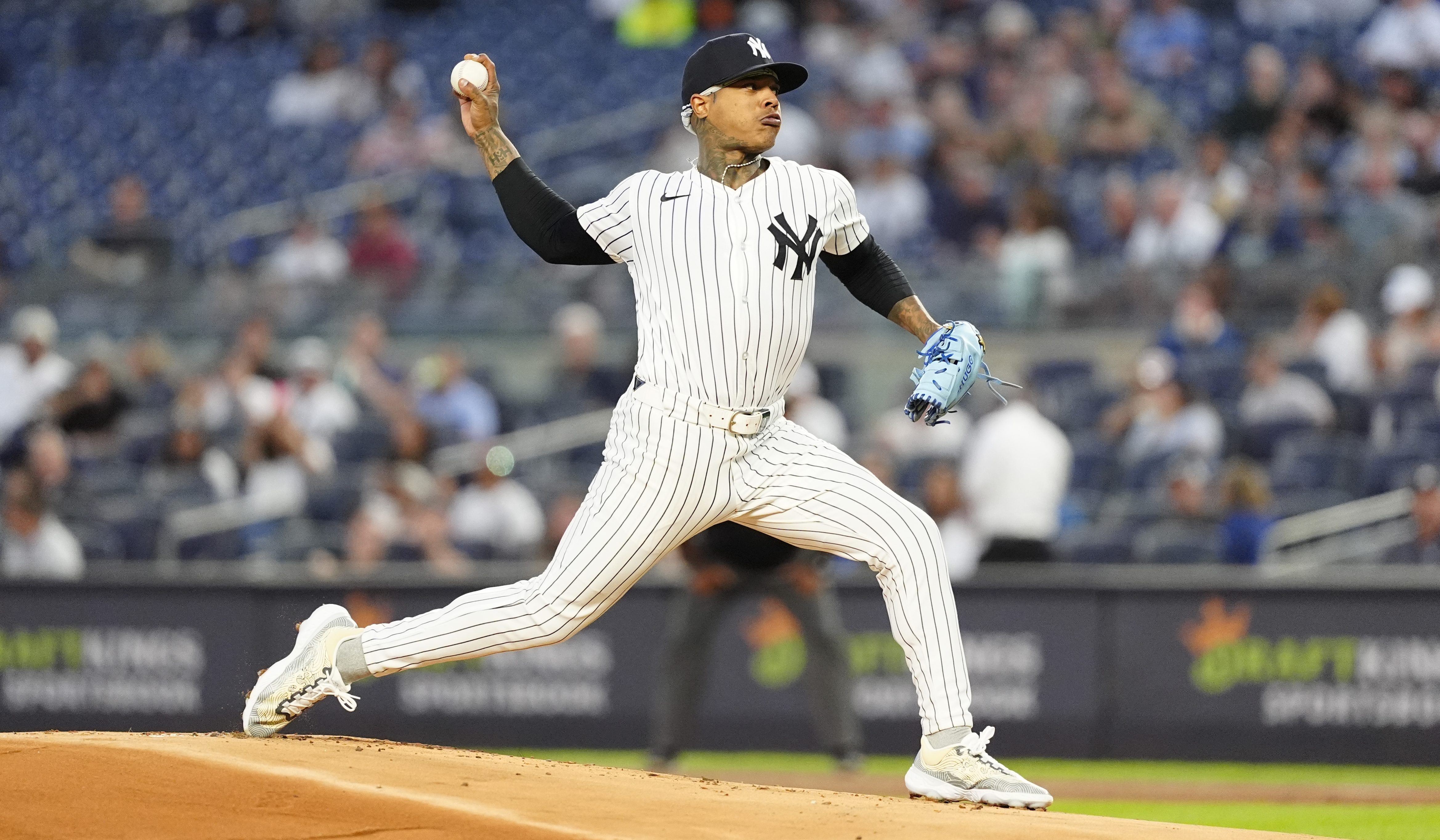 BRONX, NY - SEPTEMBER 10: New York Yankees Pitcher Marcus Stroman (0) delivers a pitch during the first inning of the Major League Baseball game between the Kansas City Royals and the New York Yankees on September 10, 2024, at Yankee Stadium in the Bronx, NY. (Photo by Gregory Fisher/Icon Sportswire via Getty Images)