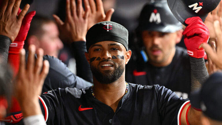 CLEVELAND, OHIO - SEPTEMBER 17: Willi Castro #50 of the Minnesota Twins celebrates his two-run home run in the eighth inning against the Cleveland Guardians at Progressive Field on September 17, 2024 in Cleveland, Ohio. (Photo by Jason Miller/Getty Images)