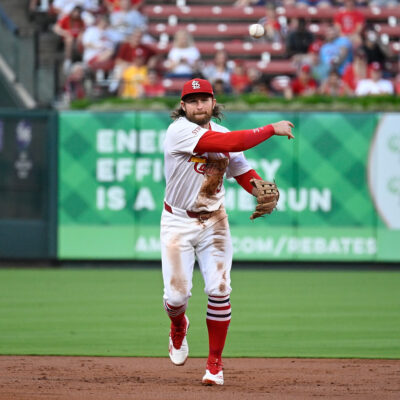 Brendan Donovan #33 of the St. Louis Cardinals throws against the Pittsburgh Pirates at Busch Stadium.