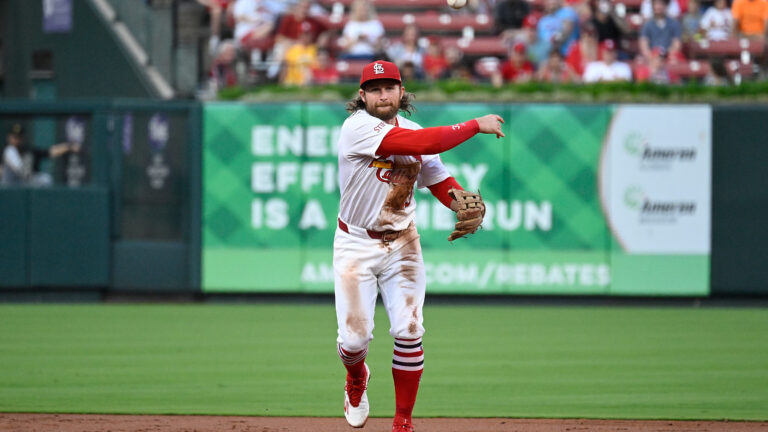 Brendan Donovan #33 of the St. Louis Cardinals throws against the Pittsburgh Pirates at Busch Stadium.