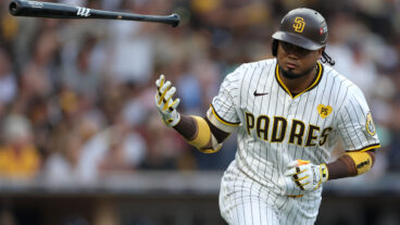 SAN DIEGO, CALIFORNIA - OCTOBER 01: Luis Arraez #4 of the San Diego Padres celebrates after hitting a single against AJ Smith-Shawver #32 of the Atlanta Braves during the first inning in Game One of the Wild Card Series at Petco Park on October 01, 2024 in San Diego, California. (Photo by Sean M. Haffey/Getty Images)