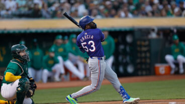 OAKLAND, CA - SEPTEMBER 24: Adolis Garcia #53 of the Texas Rangers bats during the game against the Oakland Athletics at the Oakland Coliseum on September 24, 2024 in Oakland, California. The Athletics defeated the Rangers 5-4. (Photo by Michael Zagaris/Oakland Athletics/Getty Images)