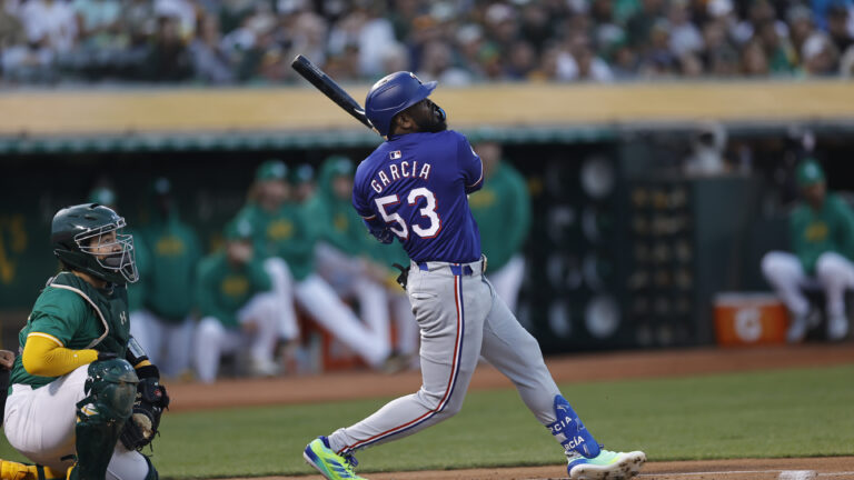 OAKLAND, CA - SEPTEMBER 24: Adolis Garcia #53 of the Texas Rangers bats during the game against the Oakland Athletics at the Oakland Coliseum on September 24, 2024 in Oakland, California. The Athletics defeated the Rangers 5-4. (Photo by Michael Zagaris/Oakland Athletics/Getty Images)