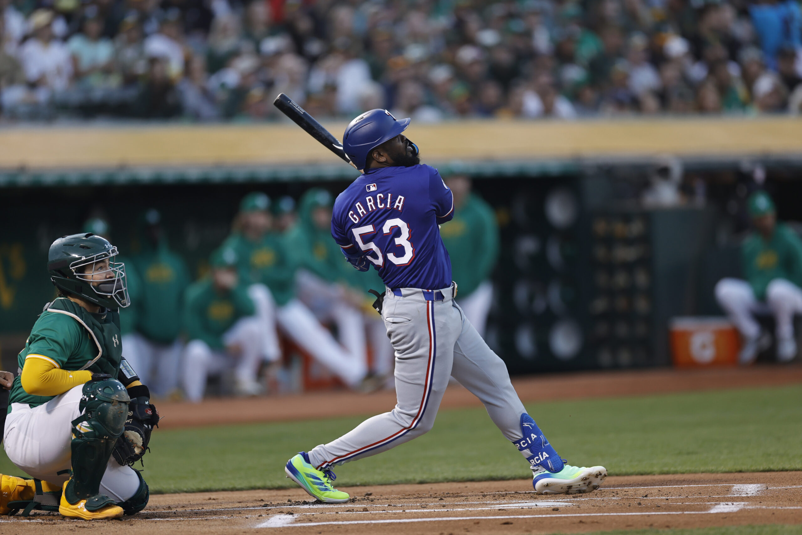 OAKLAND, CA - SEPTEMBER 24: Adolis Garcia #53 of the Texas Rangers bats during the game against the Oakland Athletics at the Oakland Coliseum on September 24, 2024 in Oakland, California. The Athletics defeated the Rangers 5-4. (Photo by Michael Zagaris/Oakland Athletics/Getty Images)