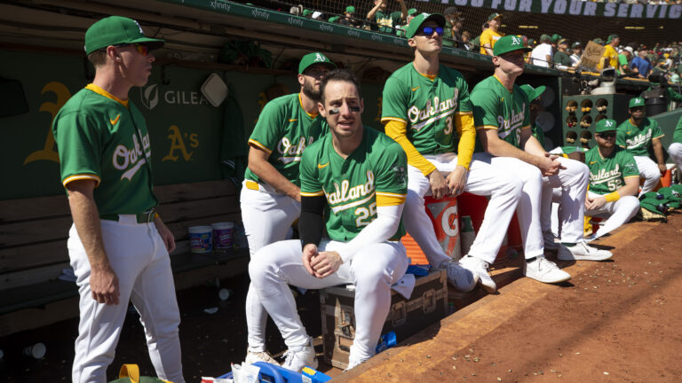 OAKLAND, CA - SEPTEMBER 26: Brent Rooker #25 of the Oakland A's in the dugout during the game against the Texas Rangers at the Oakland Coliseum on September 26, 2024 in Oakland, California. The Athletics defeated the Rangers 3-2 in the Athletics last game at the Oakland Coliseum. (Photo by Michael Zagaris/Oakland Athletics/Getty Images)