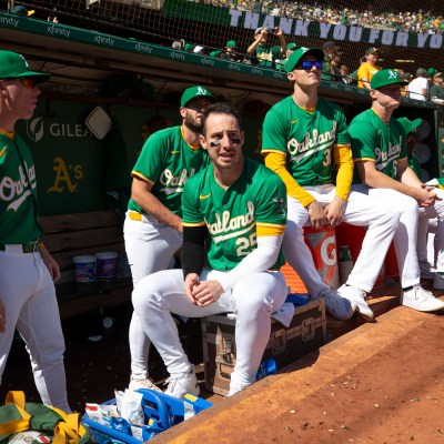OAKLAND, CA - SEPTEMBER 26: Brent Rooker #25 of the Oakland A's in the dugout during the game against the Texas Rangers at the Oakland Coliseum on September 26, 2024 in Oakland, California. The Athletics defeated the Rangers 3-2 in the Athletics last game at the Oakland Coliseum. (Photo by Michael Zagaris/Oakland Athletics/Getty Images)