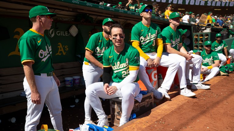 OAKLAND, CA - SEPTEMBER 26: Brent Rooker #25 of the Oakland A's in the dugout during the game against the Texas Rangers at the Oakland Coliseum on September 26, 2024 in Oakland, California. The Athletics defeated the Rangers 3-2 in the Athletics last game at the Oakland Coliseum. (Photo by Michael Zagaris/Oakland Athletics/Getty Images)